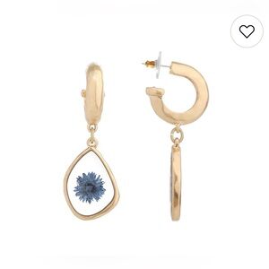 Bella Uno Worn Gold Blue Pressed Flower Charm Hoop Earrings NWT